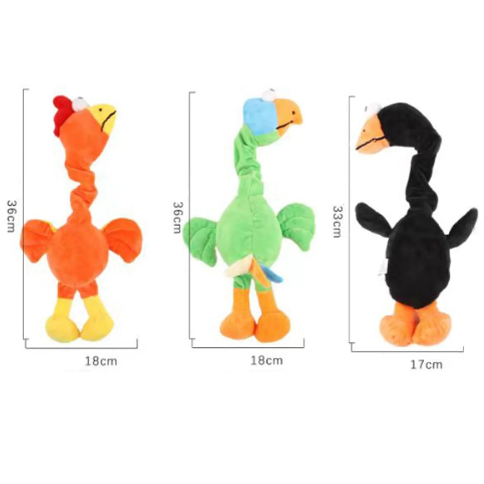 Screaming chicken dog toy with squeaker in black, green or orange rubber
