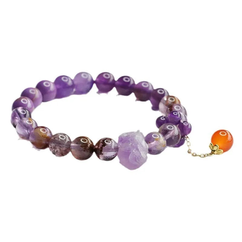 Natural purple amethyst crystal bracelet with red agate stones, 8mm beads, Mori style