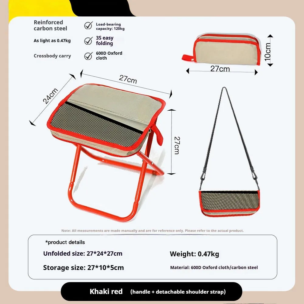 Lightweight foldable outdoor camp stool in oxford cloth, shown in a flat pencil box style.