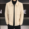 Casual polo collar jacket in cotton blend fabric showing side seam pockets and available in khaki or grey colours