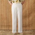 Women's linen casual trousers with elastic high waist and lace trim in navy blue, white, and greige colours
