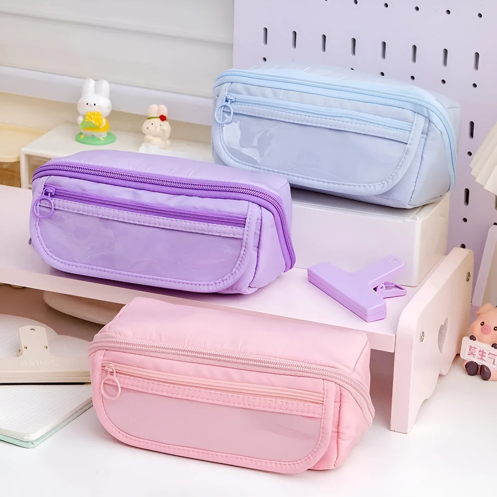Korean style canvas pencil case with ten-layer flip design open to show multiple compartments