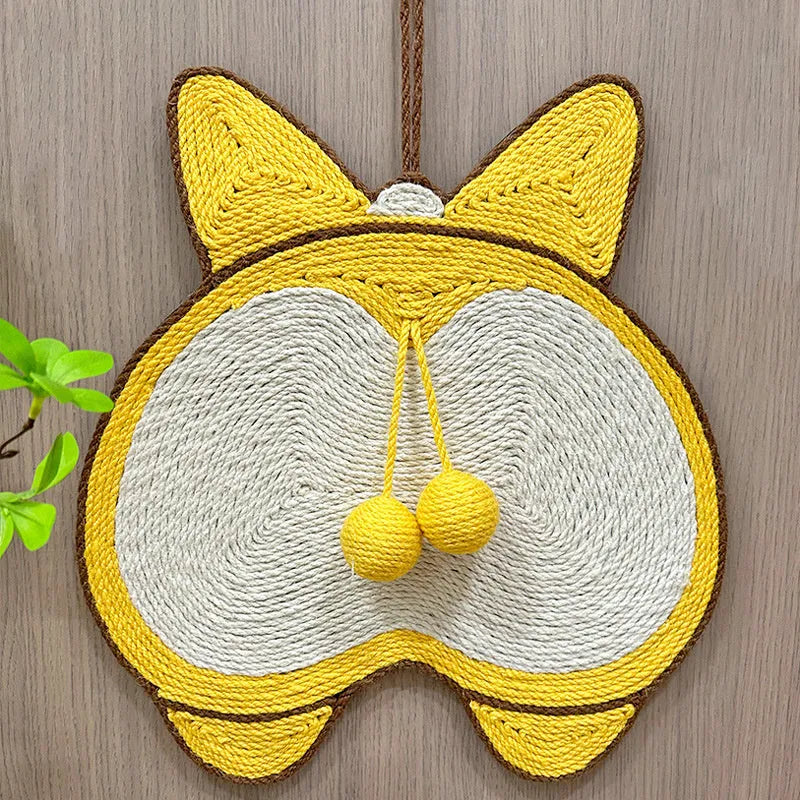 Yellow corgi-themed cat scratching board with sisal surface and anti-slip base measuring 37 by 40 centimetres