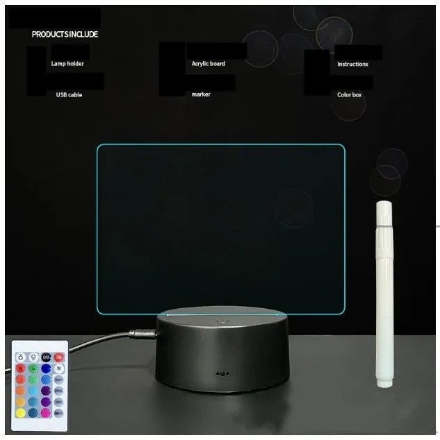 3D handwritten acrylic message board night light with black base and remote control displaying glowing text