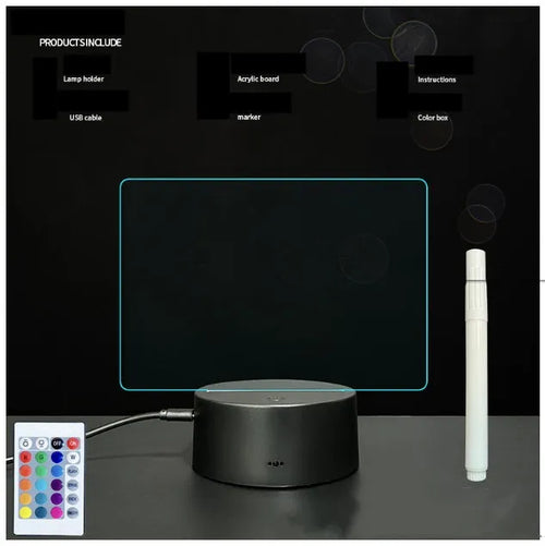 3D handwritten acrylic message board night light with black base and remote control displaying glowing text