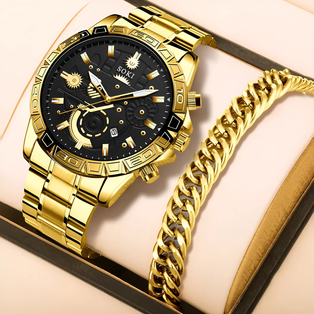 Men's gold quartz wristwatch with stainless steel band and 10mm thickness