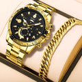 Men's gold quartz wristwatch with stainless steel band and 10mm thickness