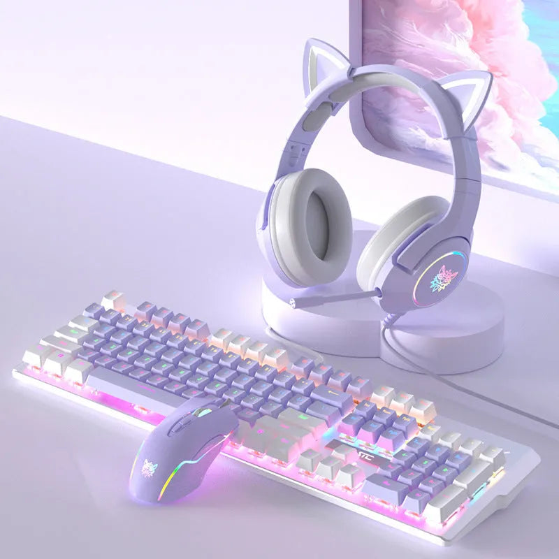 Purple and white wired mechanical keyboard and mouse combo set on a desk.