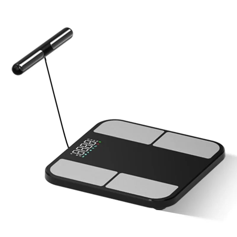 Black electronic weighing scale with tempered glass platform and colour screen displaying body fat percentage.