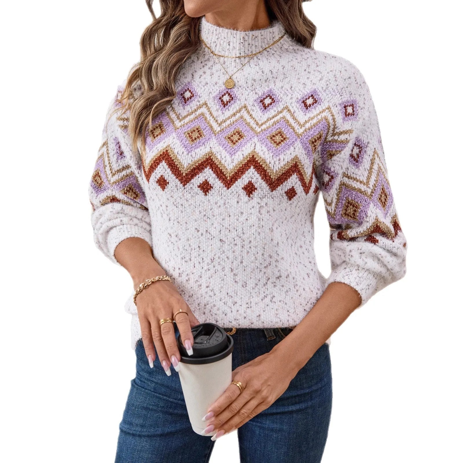 White geometric pattern loose sweater with half turtleneck and long sleeves