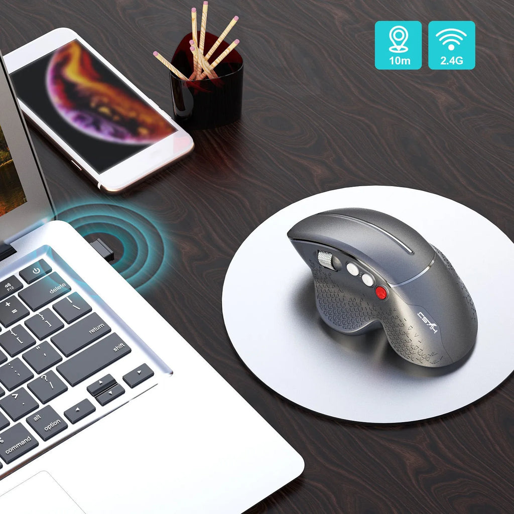 T32 black and silver wireless vertical ergonomic mouse with aluminium side roller on desk.