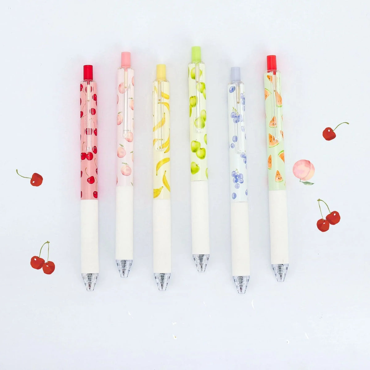 Three fruit-scented pressurised pens with 0.5mm quick-drying refills in random assortment