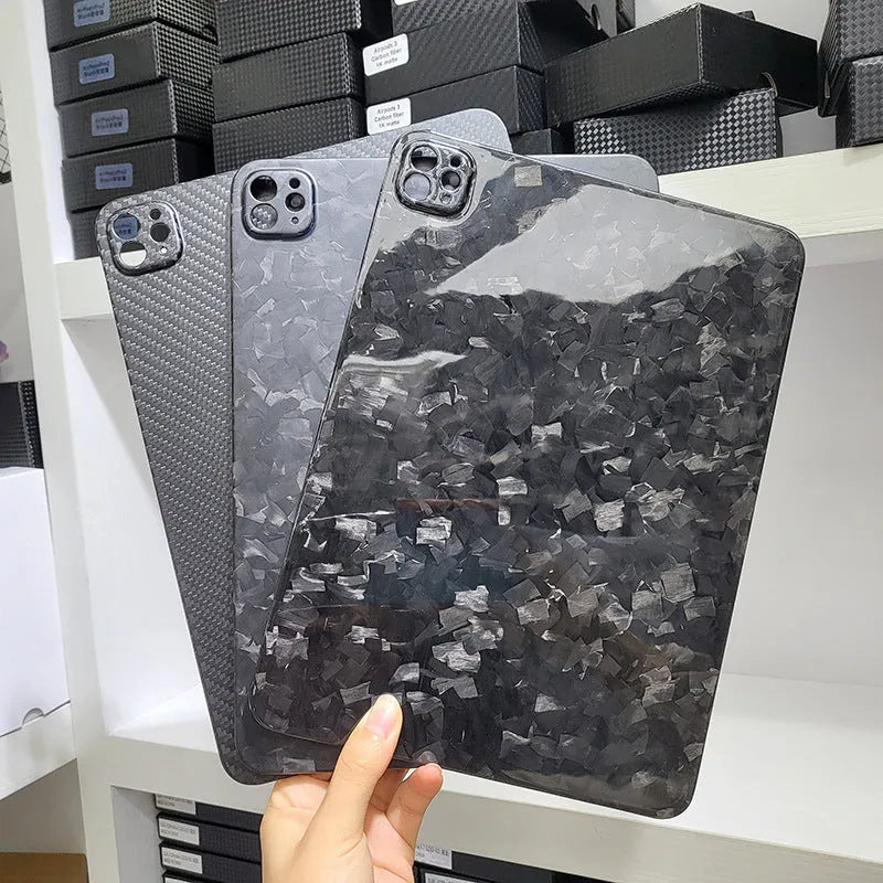 Real carbon fibre hard protective case for Apple iPad Pro 11 tablet in a flat design.