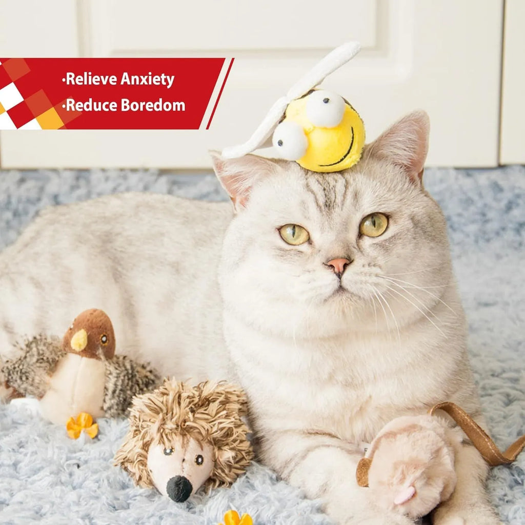 Yellow bee-shaped interactive cat toy with motion-activated squeaking function for indoor feline play