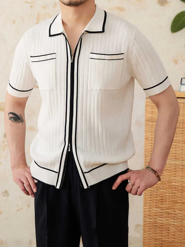 Men's slim fit polo shirt in black with lapel collar and short sleeves