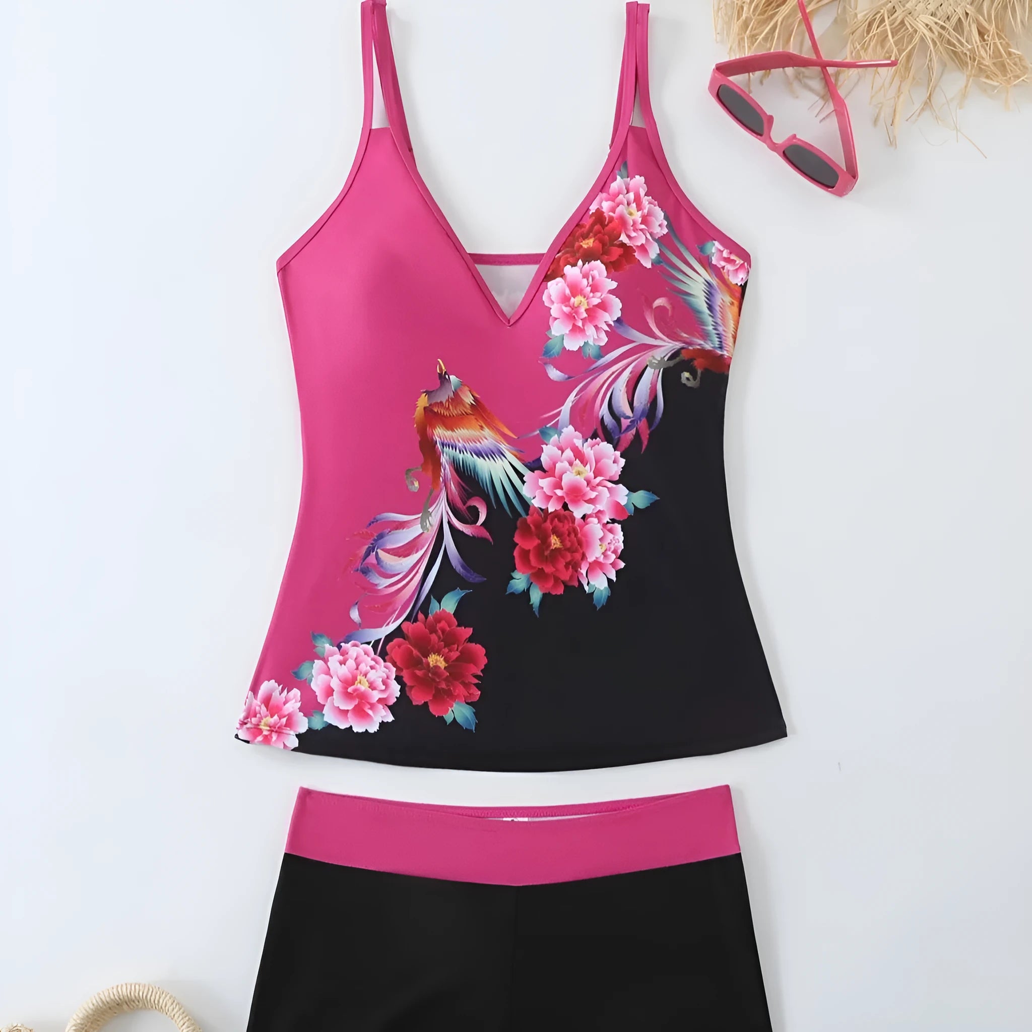 Plus size women's split swimsuit in black or rose red with printed design and cotton lining