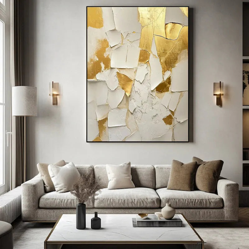 Golden and white handmade abstract oil painting on canvas, vertical one-panel wall art, unframed