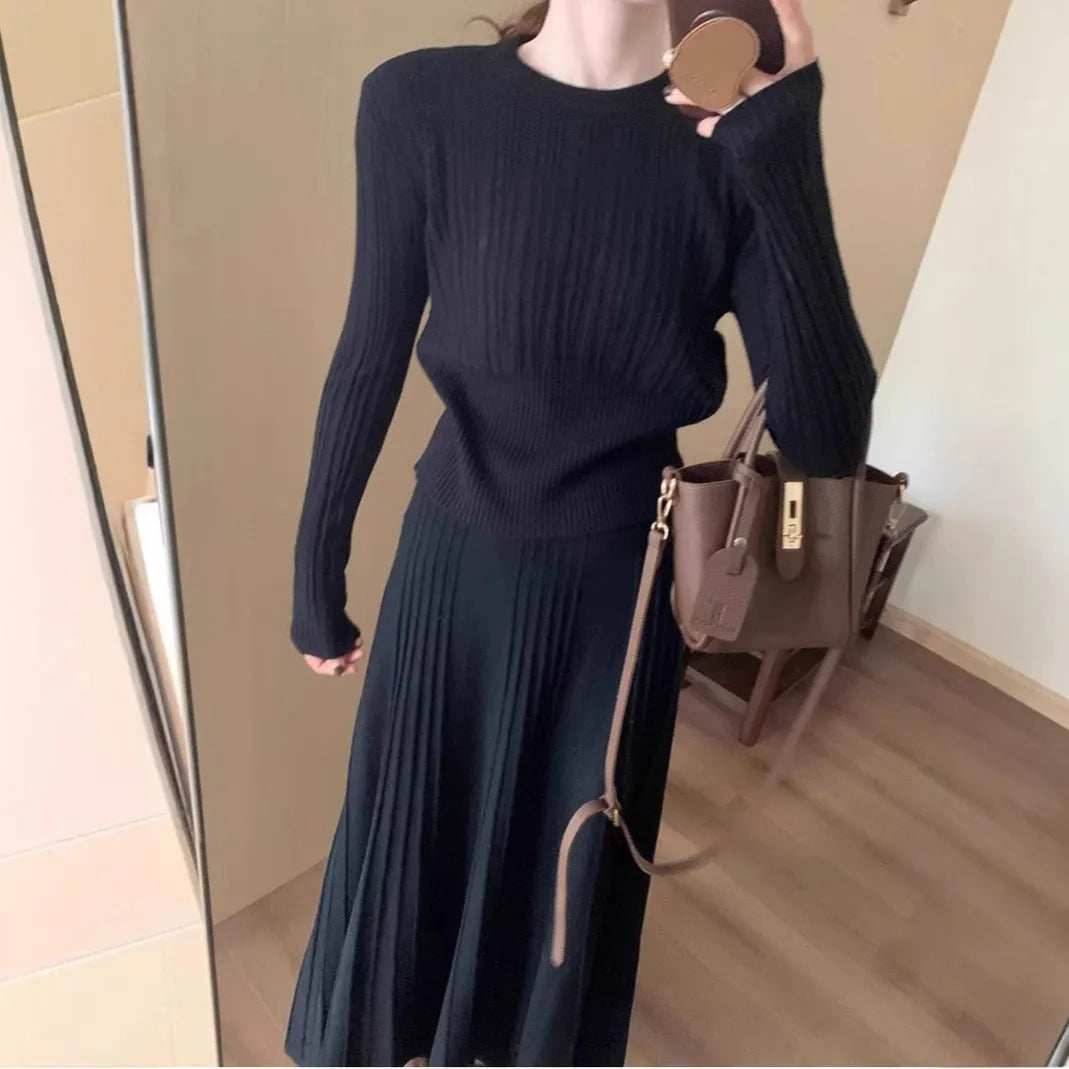Long knitted dress suit set with 3D pattern artistic retro ethnic style dark grey black