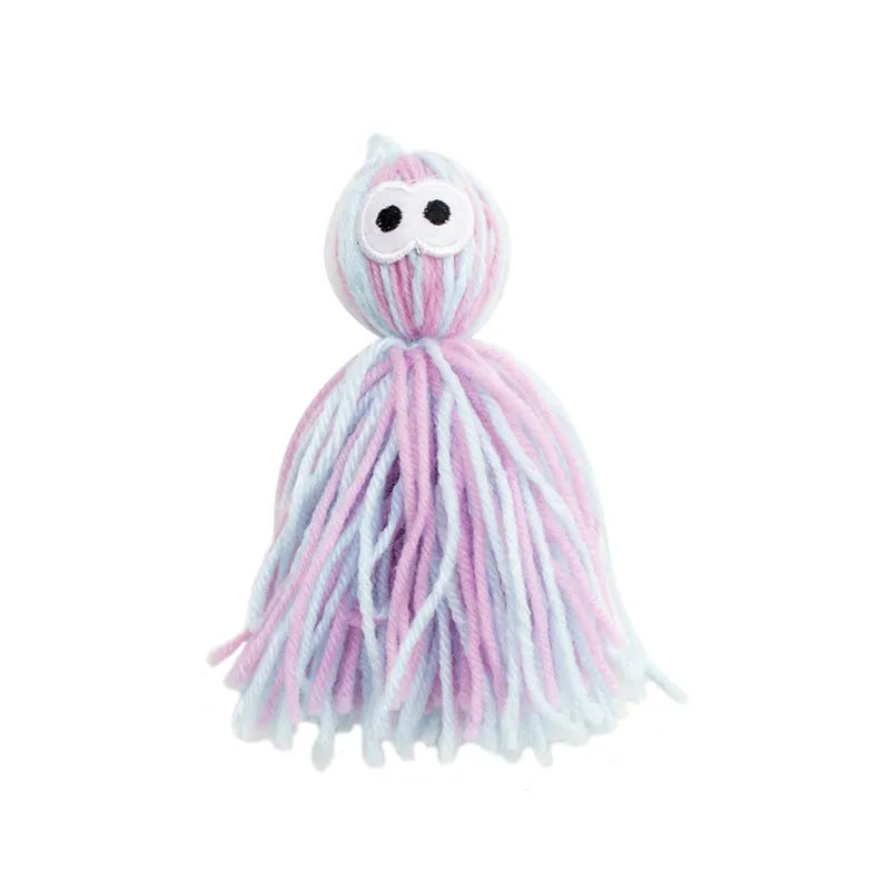 Bite-resistant hangable wool cat ball and teaser stick toy set for feline play and teeth grinding
