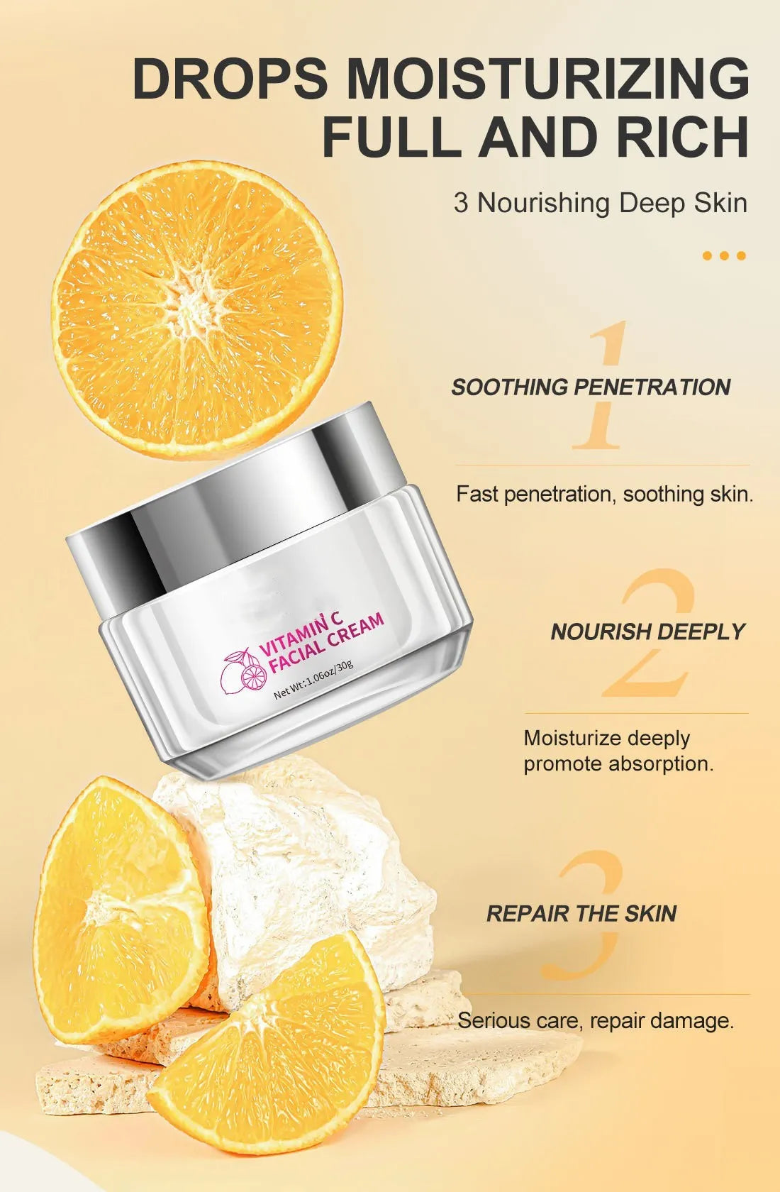 30g Vitamin C face cream jar measuring 6x6x5.2cm for universal skin care