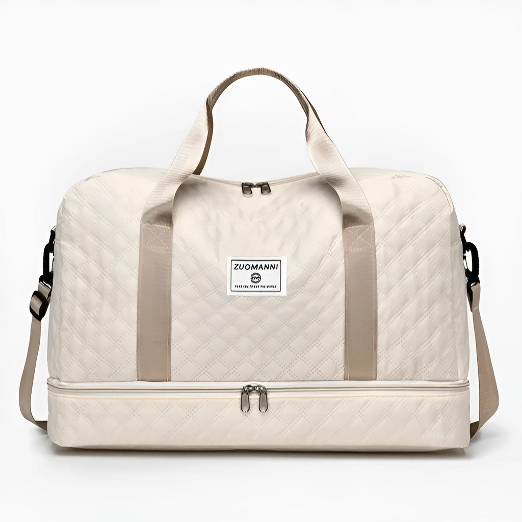 Oxford cloth travel bag in a solid colour with sewing thread detail, shown with 36-55L capacity.