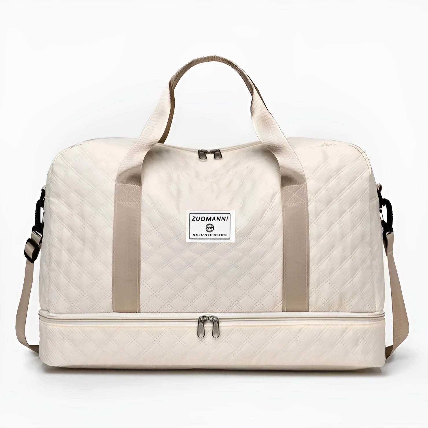 Oxford cloth travel bag in a solid colour with sewing thread detail, shown with 36-55L capacity.