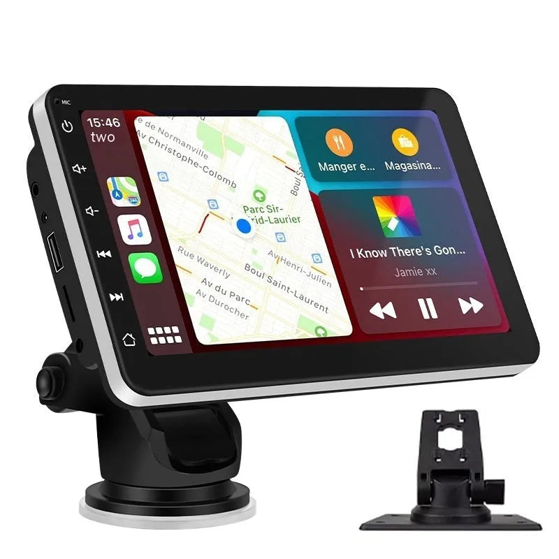 7 inch wireless CarPlay car GPS navigator with OLED screen on a universal suction cup mount