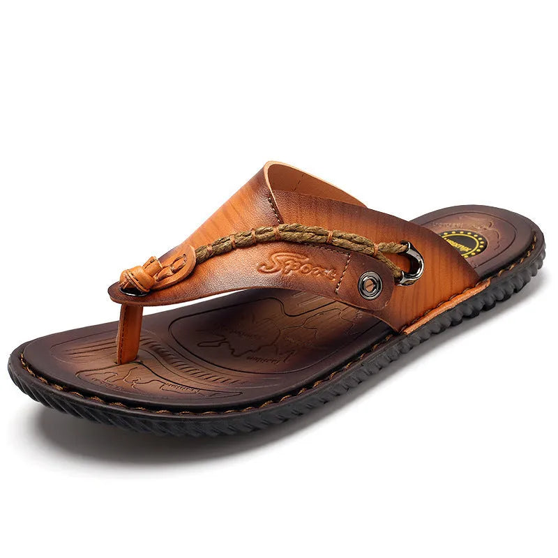 Men's non-slip casual slippers with PU leather upper in black, light brown, blue, and khaki colour options