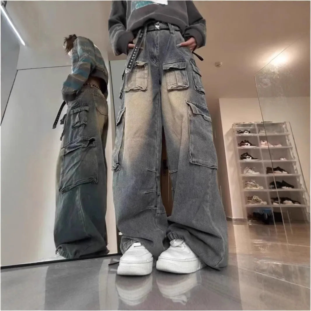 Loose distressed denim pants with multiple pockets in light blue and black colour options