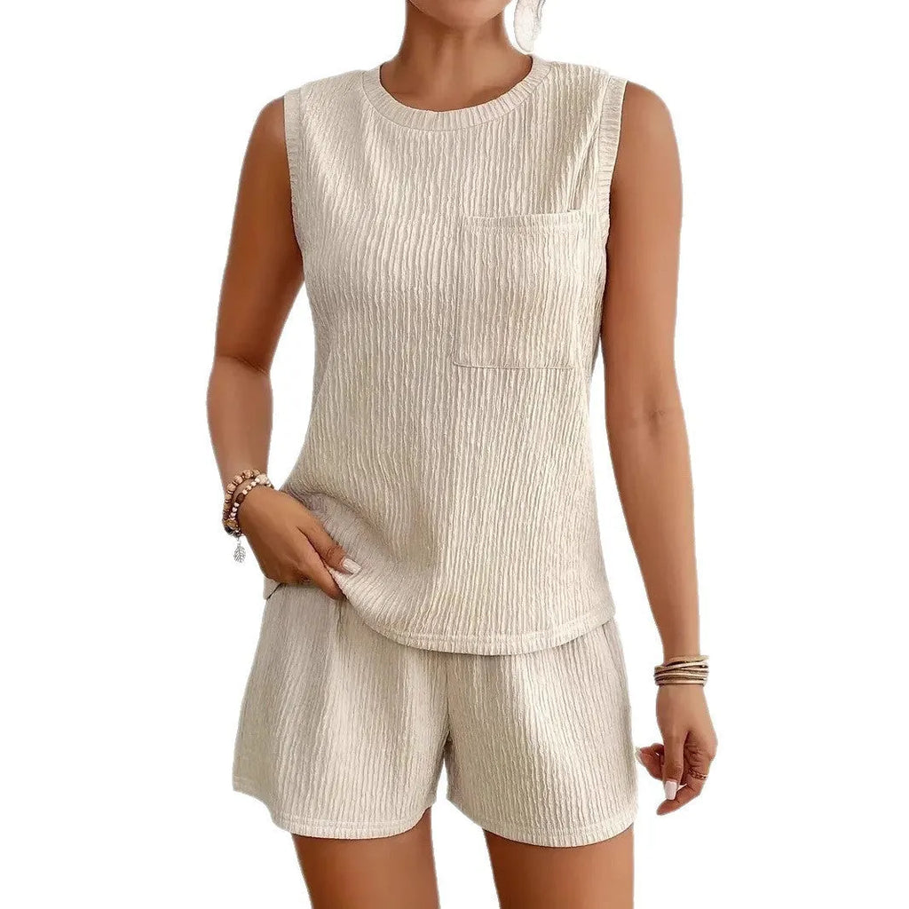 Apricot sleeveless round neck vest with matching shorts on hanger