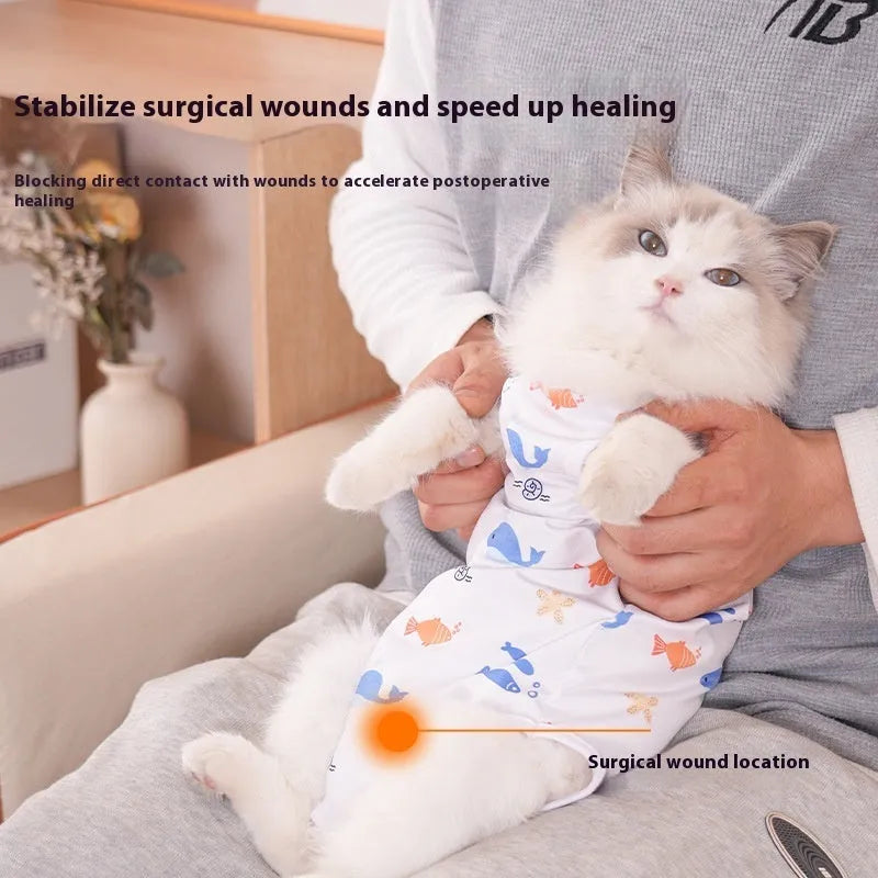 Cat wearing a sterilisation recovery suit with Velcro fastening and a printed pattern design