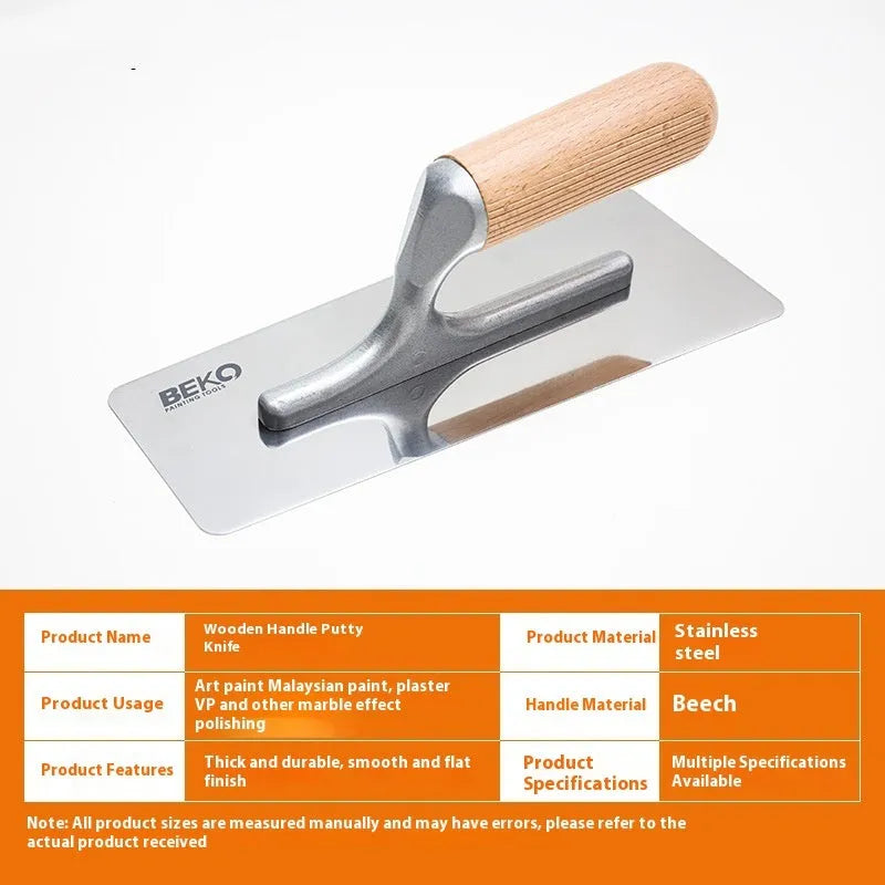 Stainless steel putty scraper tool with wooden handle for decorative floor and wall plastering work