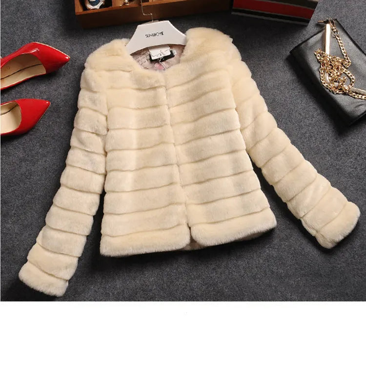 Women's short-sleeved faux fur top in beige, shown on a model for street fashion.