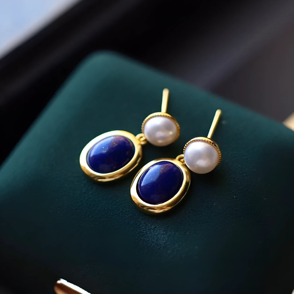 Lapis lazuli pearl earrings in 925 silver with auspicious patterns and post back fittings