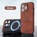 iPhone 16 magnetic charging case with embossed moose head design in imitation leather, showing colour options
