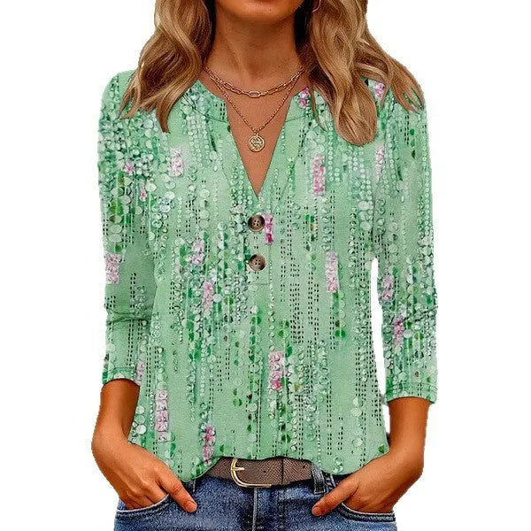 Women's casual printed V-neck top with 3D pattern in loose Japanese Korean fit