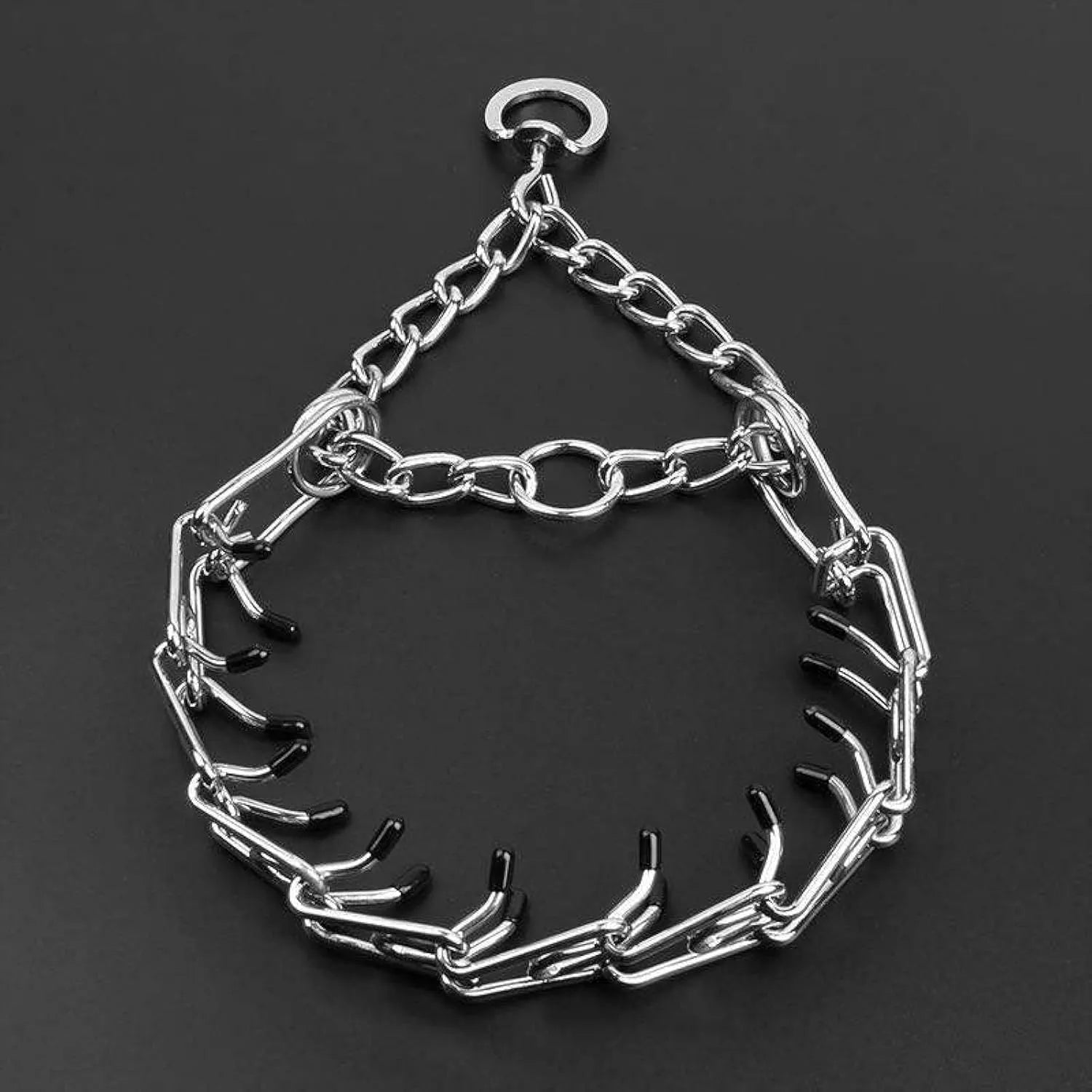 Stainless steel dog prong training collar with rubber tips and adjustable chain links