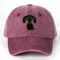 Retro washed cotton baseball cap with embroidered dachshund design on dome crown