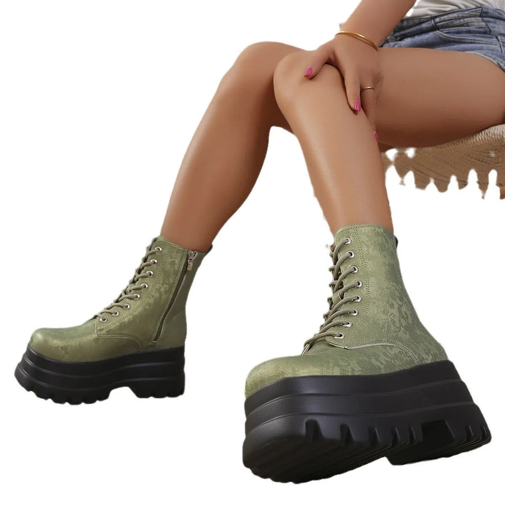 Women's white platform Martin boots with patchwork design and side zipper