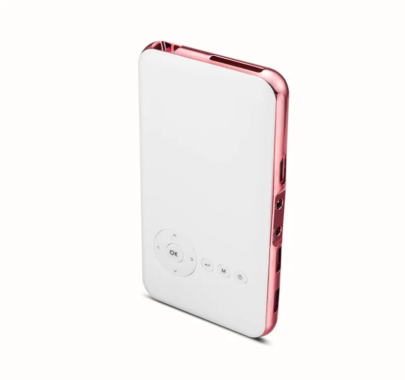 White rose gold miniature DLP Android projector measuring 145x80x17.5mm with 32GB memory