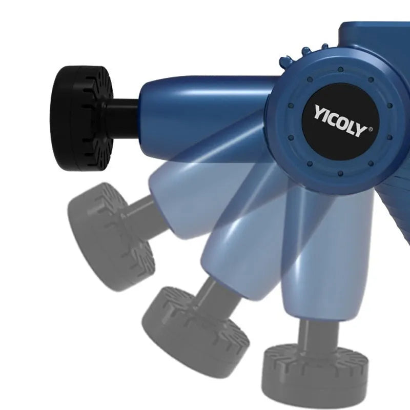 Black smart muscle massage gun with display, attached massage head, and additional heads on a grey background.