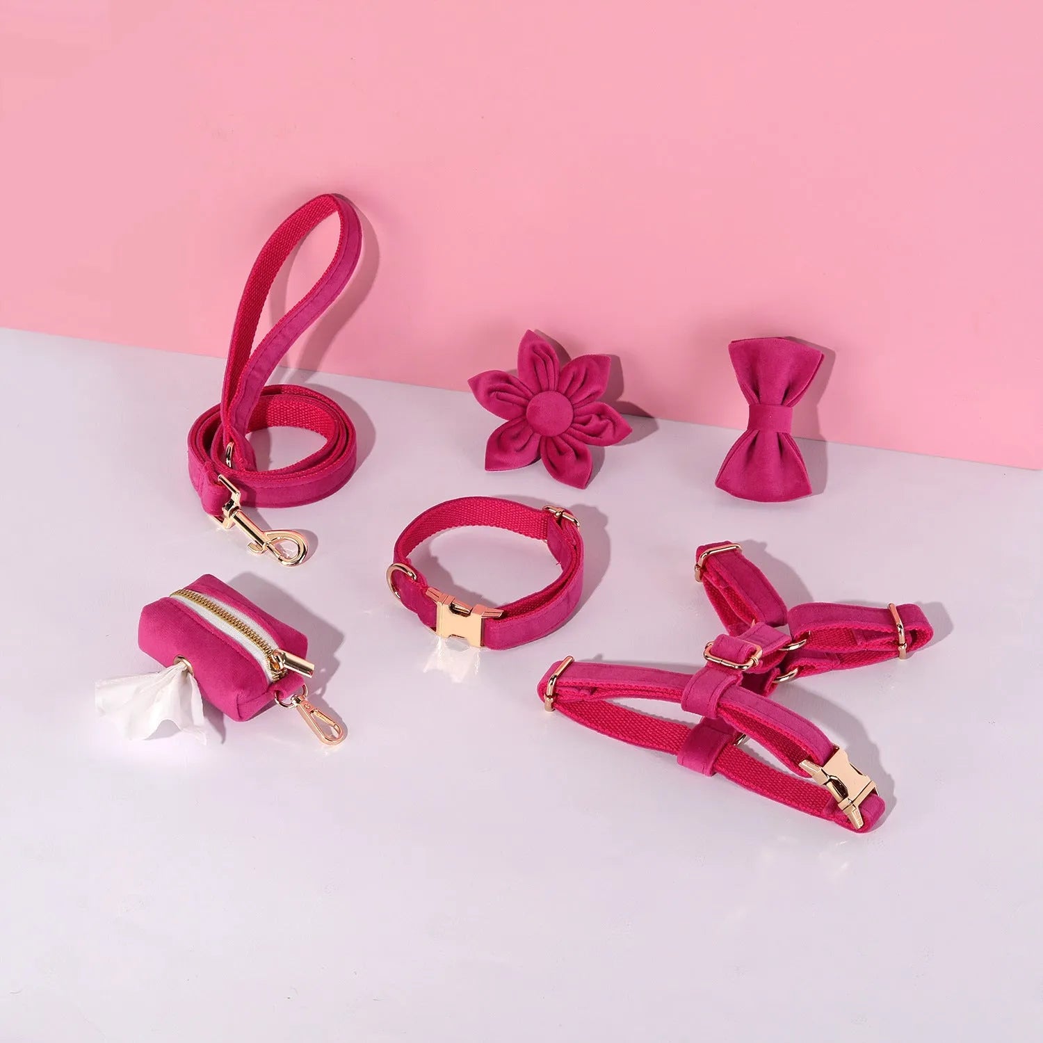 Classic velvet soft pet collar and traction rope set with chest strap, bow tie, flower and toilet bag accessories