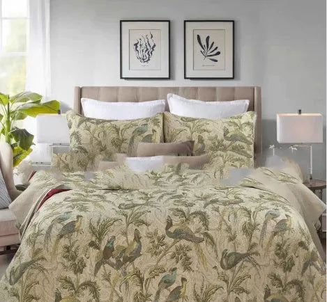 Blue American floral cotton bedspread set with quilted texture, 230x250 cm three-piece bedding