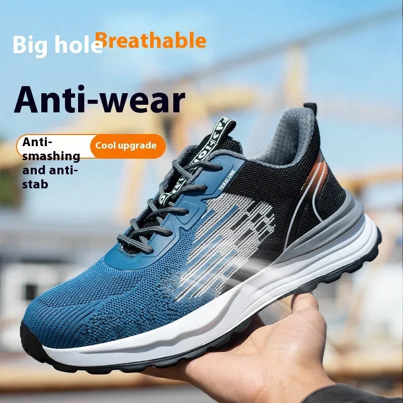 Blue men's lightweight safety work shoes with mesh upper and plastic toe cap