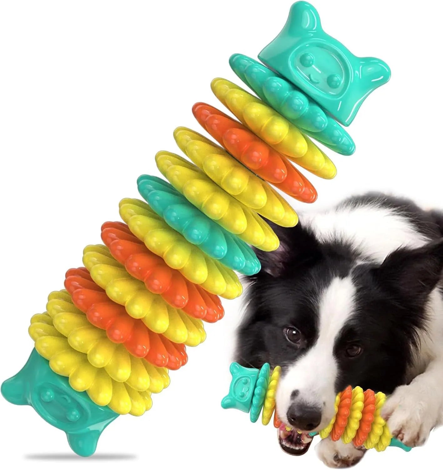 Blue caterpillar-shaped natural rubber dog chew toy measuring 17cm long