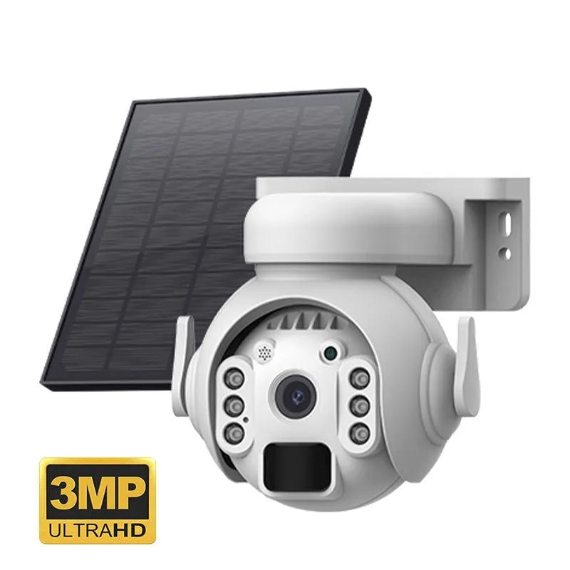 Outdoor solar-powered security camera in camouflage colour with integrated solar panel on top.