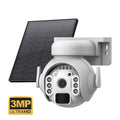 Outdoor solar-powered security camera in camouflage colour with integrated solar panel on top.