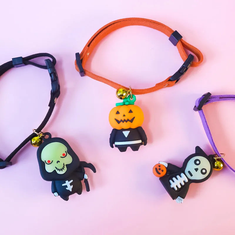 Halloween dog collar decoration showing luminous brat, luminous skull, and pumpkin man patterns with adjustable sizing