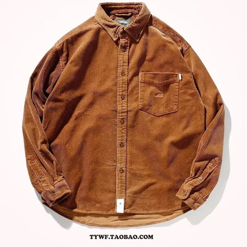 Japanese Hong Kong style corduroy shirt with loose fit and cardigan design in caramel colour