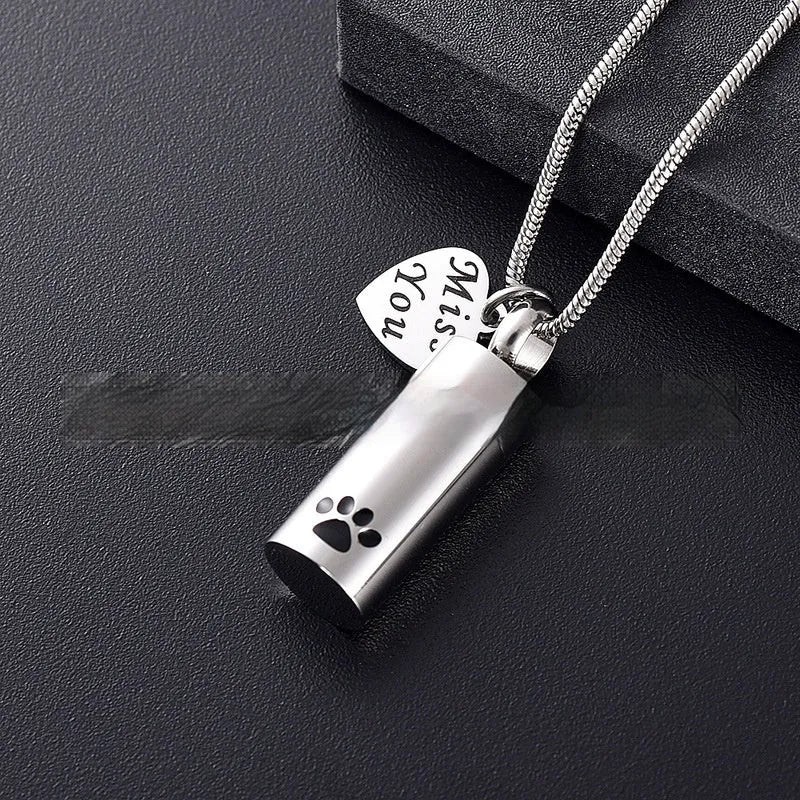 Silver cylindrical paw print ashes necklace with openable stainless steel memorial pendant
